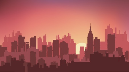 Sunset on the background of the city at nightのイラスト素材