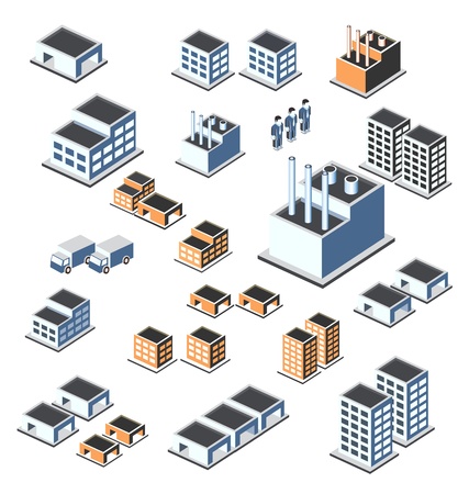 A set of urban and industrial buildings in the isometricのイラスト素材