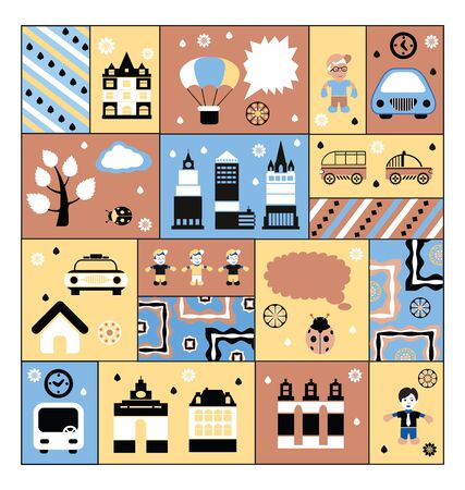 A stylized image of urban facilities and peopleのイラスト素材