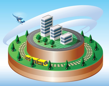 Isometric view of the city on a round base with a helicopter in the cloudsのイラスト素材