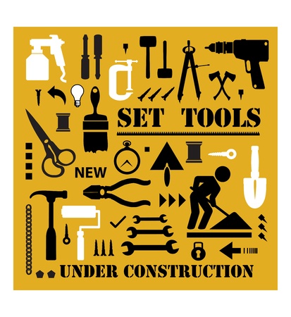 A set of tools silhouettes in black on a yellow background and blackのイラスト素材