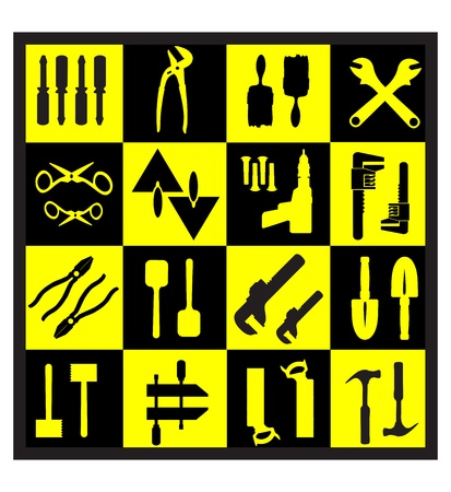 A set of tools silhouettes in black on a yellow backgroundのイラスト素材