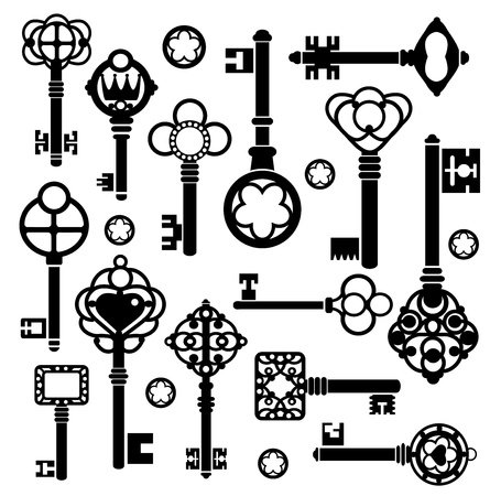 Silhouettes set of keys and locks on a whiteのイラスト素材