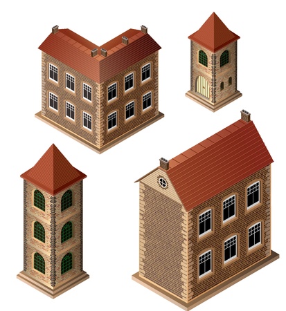 A set of isometric medieval buildings on a white backgroundのイラスト素材
