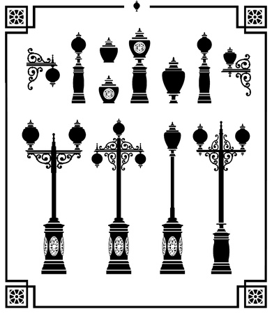 A set of silhouettes of vintage street lampsのイラスト素材