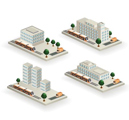 The set of buildings with urban transport on a white backgroundのイラスト素材
