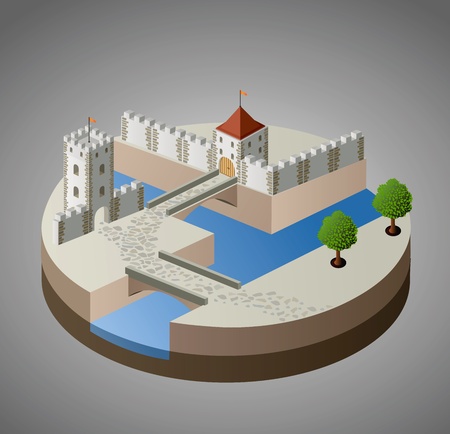 Perspective view of a medieval castle on a gray backgroundのイラスト素材