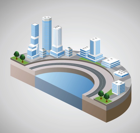 Vector isometric view of the harbor and skyscrapersのイラスト素材