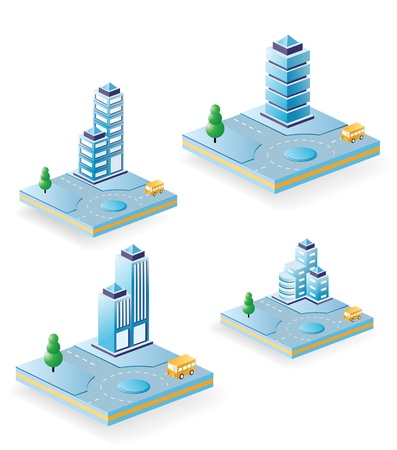The set of vector buildings with urban transport on a white backgroundのイラスト素材
