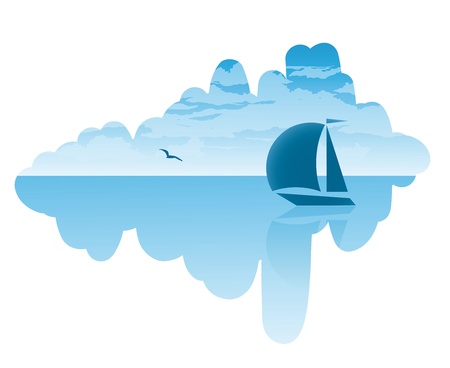 Vector seascape on summer journey to the ship, clouds and a seagullのイラスト素材