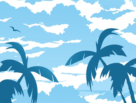 Vector background of clouds and palm trees with gullのイラスト素材