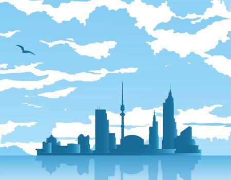 Travel to a distant city on the horizon  Vector city with reflection in the sea surface のイラスト素材