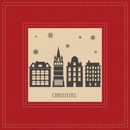 Vector Christmas card with a picture of the city in redのイラスト素材