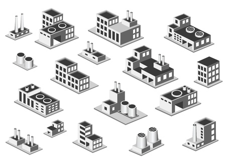Vector isometric icon set factory production buildings on white backgroundのイラスト素材