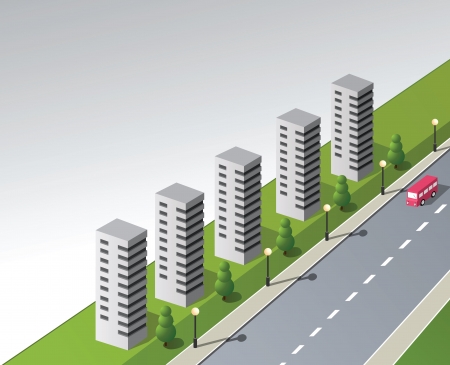 Isometric vector fantasy on the theme of the city with a red busのイラスト素材