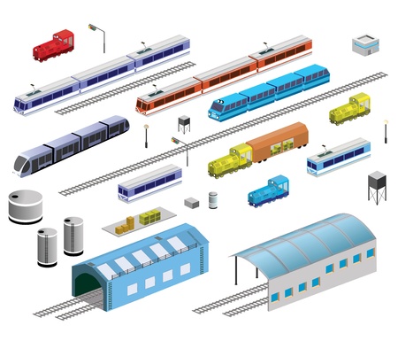 Isometric set of railroad equipment on a white backgroundのイラスト素材