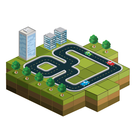 Track racing with cars and trees in the background of urban homesのイラスト素材