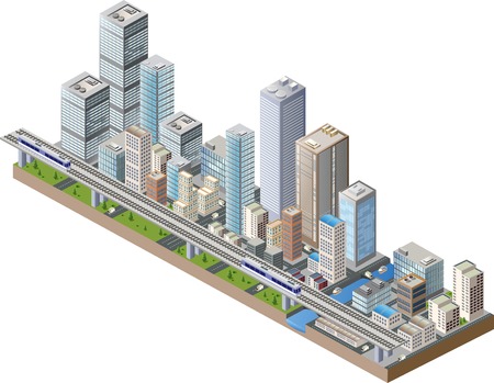 Vector isometric city center on the map with lots of buildings, skyscrapers, factories, and parks