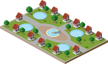 Picture of green park with trees, lawns, a fountain and houses. There is also a swimming pool in each house.のイラスト素材