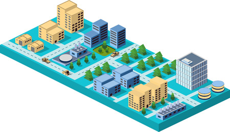 Vector  isometric city center on the map with lots of buildings, skyscrapers, factories, and parks. Picture in style flatのイラスト素材