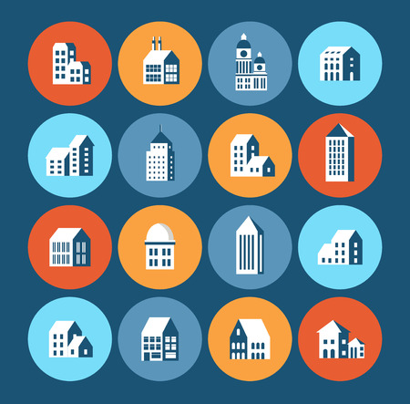 Flat colored building urban style in the form of iconsのイラスト素材