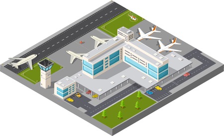 Isometric map of the city airport, the trees and the flight of construction and building, terminal, planes and cars vector illustration.のイラスト素材