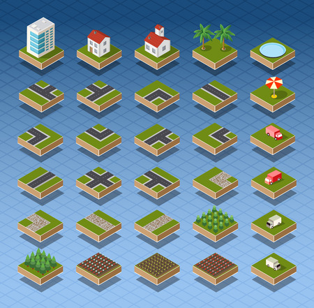Isometric city map road, trees and building home elements set isolated vector illustration.のイラスト素材