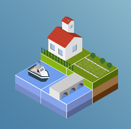 Rural landscape with farmhouse, small river, the bridge and the riverのイラスト素材