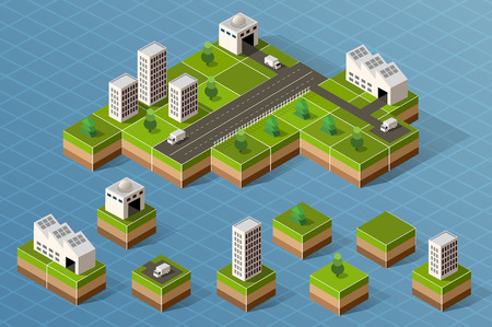 Set of isometric city center on the map with a large number of buildings, promyshlennyyh buildings.のイラスト素材