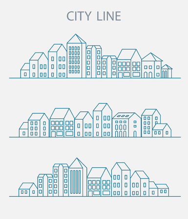 Vector set of linear urban buildings and illustrations of houses and architectural signs. For website design, business cards, invitations and flyers on the urban theme with a linear fashion graphics.のイラスト素材