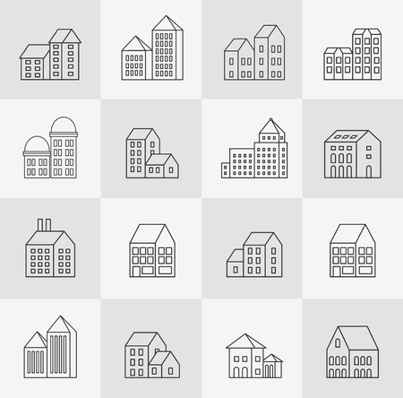 Vector set of linear urban buildings and illustrations of houses and architectural signs. For website design, business cards, invitations and flyers on the urban theme with a linear fashion graphics.のイラスト素材