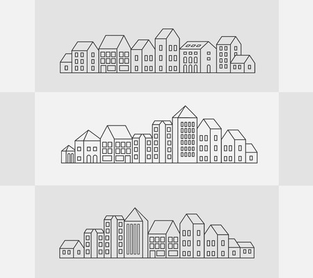 Vector set of linear urban buildings and illustrations of houses and architectural signs. For website design, business cards, invitations and flyers on the urban theme with a linear fashion graphics.のイラスト素材