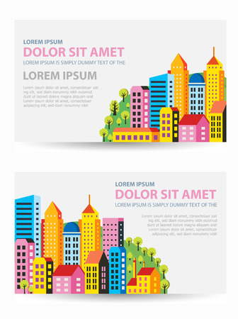 Set template invitations, business cards, flyers on the urban theme. Suitable for real estate agencies and construction and tourism companies.のイラスト素材
