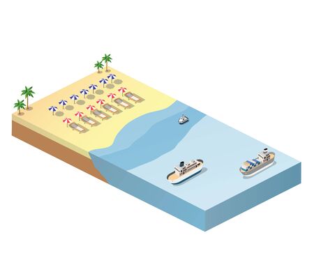 Isometric view of the sunny beach with umbrellas, deck chairs and blue sea with shipsのイラスト素材