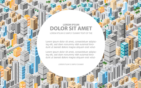 Big isometric city with hundreds of different houses, offices, skyscrapers, supermarkets and city streets with traffic. Background for business cards and real estate agencies.のイラスト素材