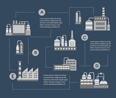 Infographic vector Set of industrial buildings. Boiler building. Power building. Warehouses building. Factories building. The substation building. Buildings urban industrial buildings.のイラスト素材