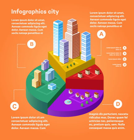 City infographics in isometric with town houses, skyscrapers, town houses and streets and trees.  Isometric city in graphs and charts.のイラスト素材