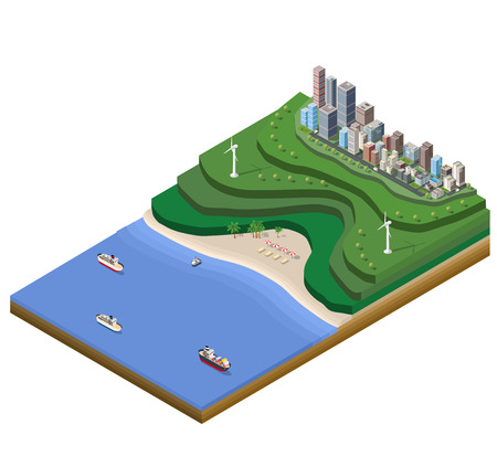 Landscape plan big city on the map with the mountains, the beach and the sea surface with shipsのイラスト素材
