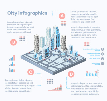 City infographics consisting of a city block of skyscrapers with graphs and diagramsのイラスト素材
