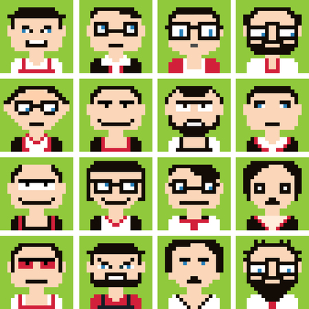 Icons in style pixel graphics of male and female faces.のイラスト素材