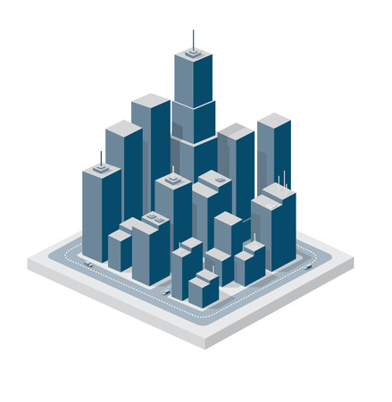 Business isometric city with many different houses, offices, skyscrapers, supermarkets and streets with traffic.のイラスト素材