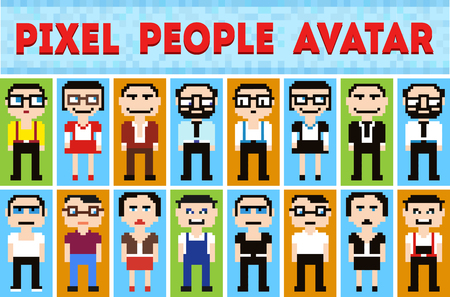 Icons in style pixel graphics of male and female faces.のイラスト素材