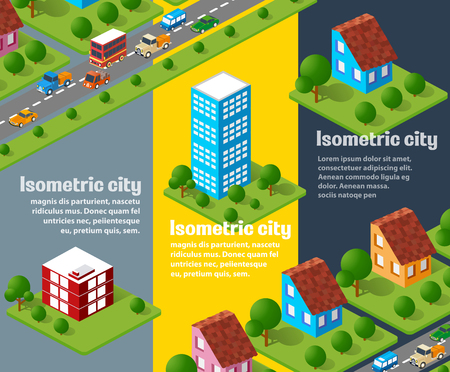 A large set of isometric urban objects. A set of urban buildings, skyscrapers, houses, supermarkets, roads and streets.のイラスト素材