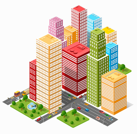 A large set of isometric urban objects. A set of urban buildings, skyscrapers, houses, supermarkets, roads and streets.のイラスト素材