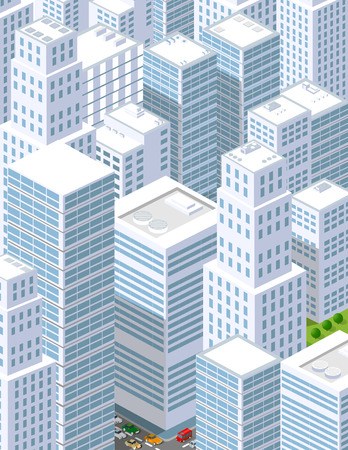 A large city of isometric urban objects. A set of urban buildings, skyscrapers, houses, supermarkets, roads and streets.のイラスト素材