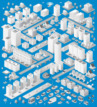A large set of isometric urban objects. A set of urban buildings, skyscrapers, houses, supermarkets, roads and streets.のイラスト素材