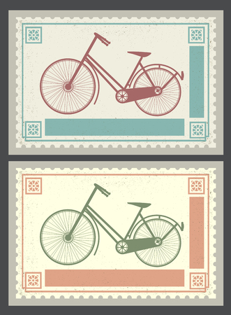 Retro postage stamps on the theme of transport and bicyclesのイラスト素材