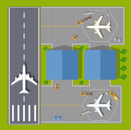 Overhead   point of view airport with all the buildings, planes, vehicles and airport runwayのイラスト素材