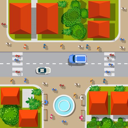Top view of the city. Urban crossroads with cars and houses, pedestrians.のイラスト素材