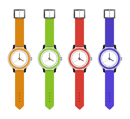 The sports and fashion watches, set hours of different colors with an electronic dial. Vector illustration.のイラスト素材